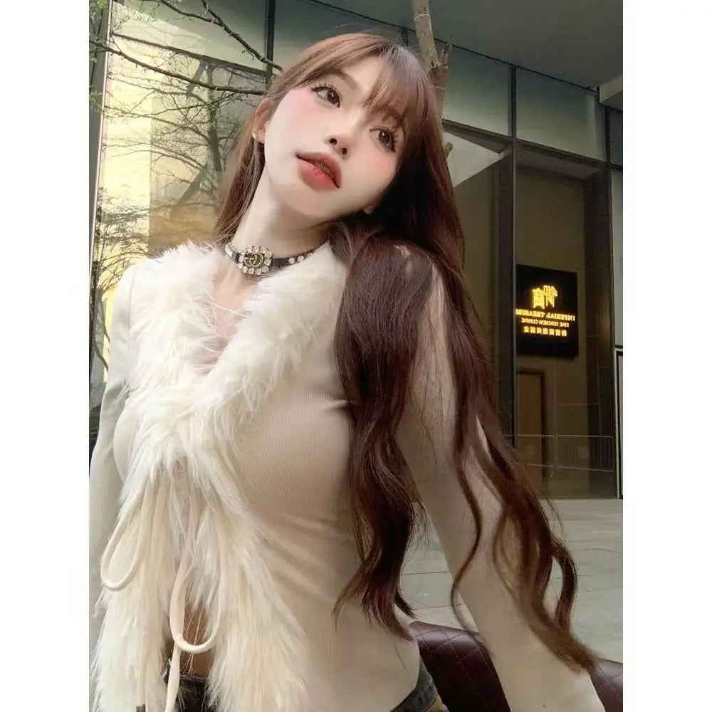 Aiertu  -  Trendy Leopard Print Fur Stitching Long-sleeved European American Slim Fit Versatile T-shirt Autumn and Winter Harajuku Y2k Tops Aiertu