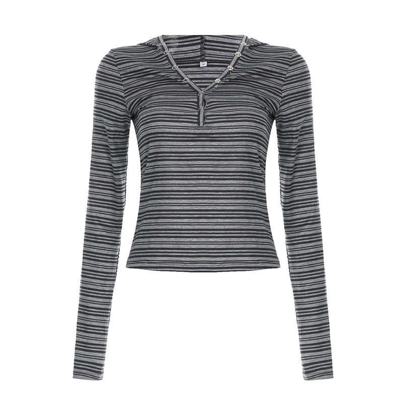Aiertu - summer inspo Casual Striped Breasted Long Sleeve Hooded T-Shirts Women Design Slim Fit Simple Fashion Blouses Aiertu