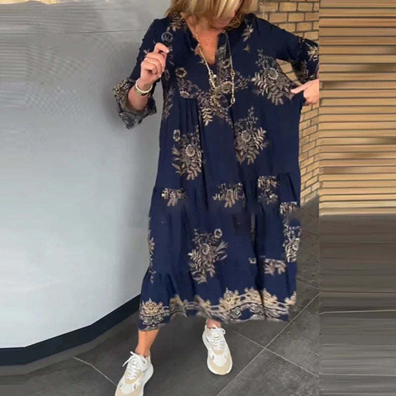 Aiertu  -  Elegant Deep V-neck Bohemian Long Dress Fashion Pattern Printed Pleated Party Dress Women Causal Long Sleeve Swing Beach Dress Aiertu