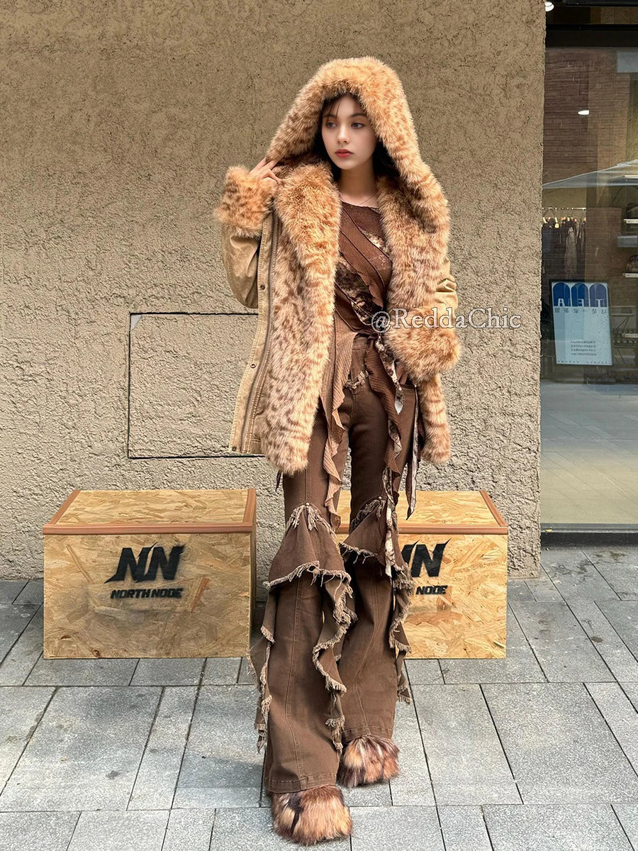Aiertu  -  Western Punk Studded Women Flare Jeans Retro Brown Raw Edge Ruffle HemHigh Riuse Bootcut Pants Bell Bottoms Streetwear Aiertu
