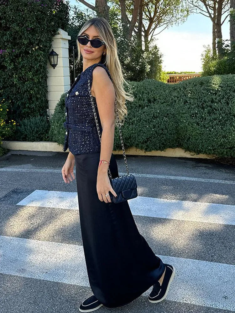 Aiertu  -  Elegant Solid Tweed Sequin Women Vests Sleeveless O-Neck Female Tank Fashion Slim Autumn Single Breasted Lady Waistcoat Aiertu