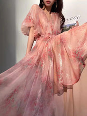 Aiertu  -  French Vintage Style Floral V-neck Dress Women's Summer Pure Sexy Loose A-line Long Dress Fashion Female Clothes Aiertu