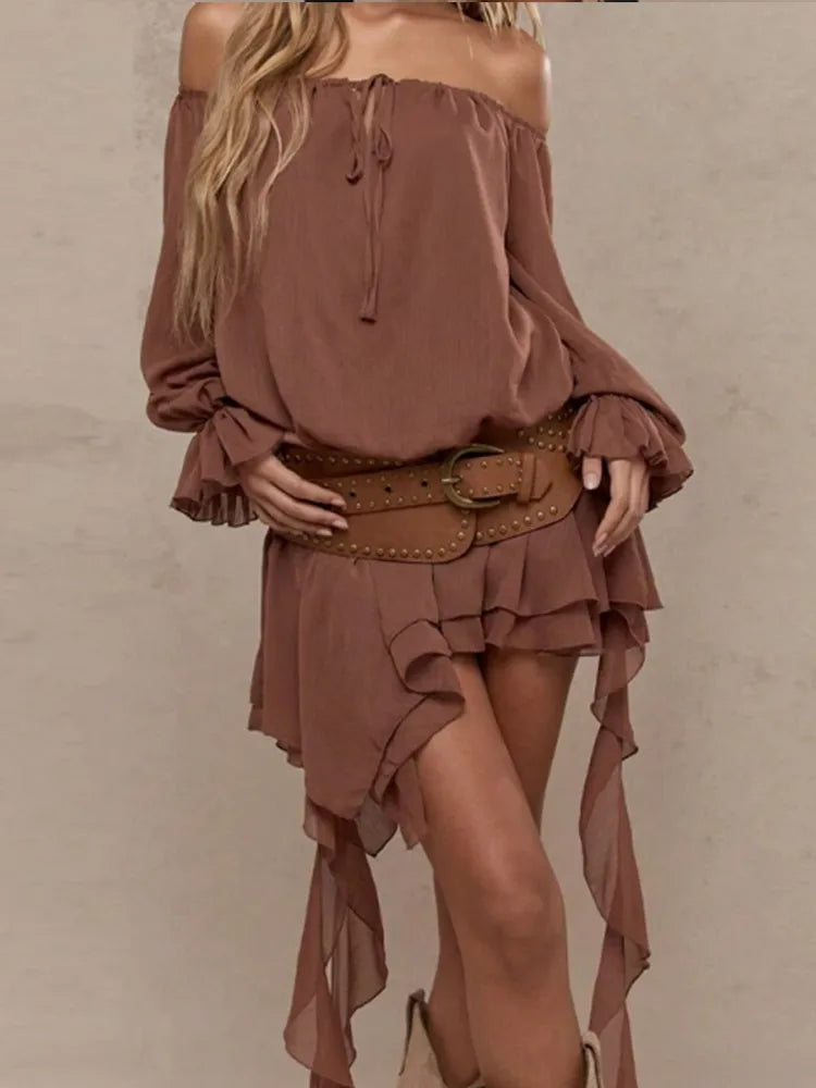 Aiertu  -  Chic Low Neck Lace Up Mini Dress Elegant Solid Flare Sleeve Pleated Off Shoulder Gown New Women Highstreet Holiday Dresses 2025 Aiertu