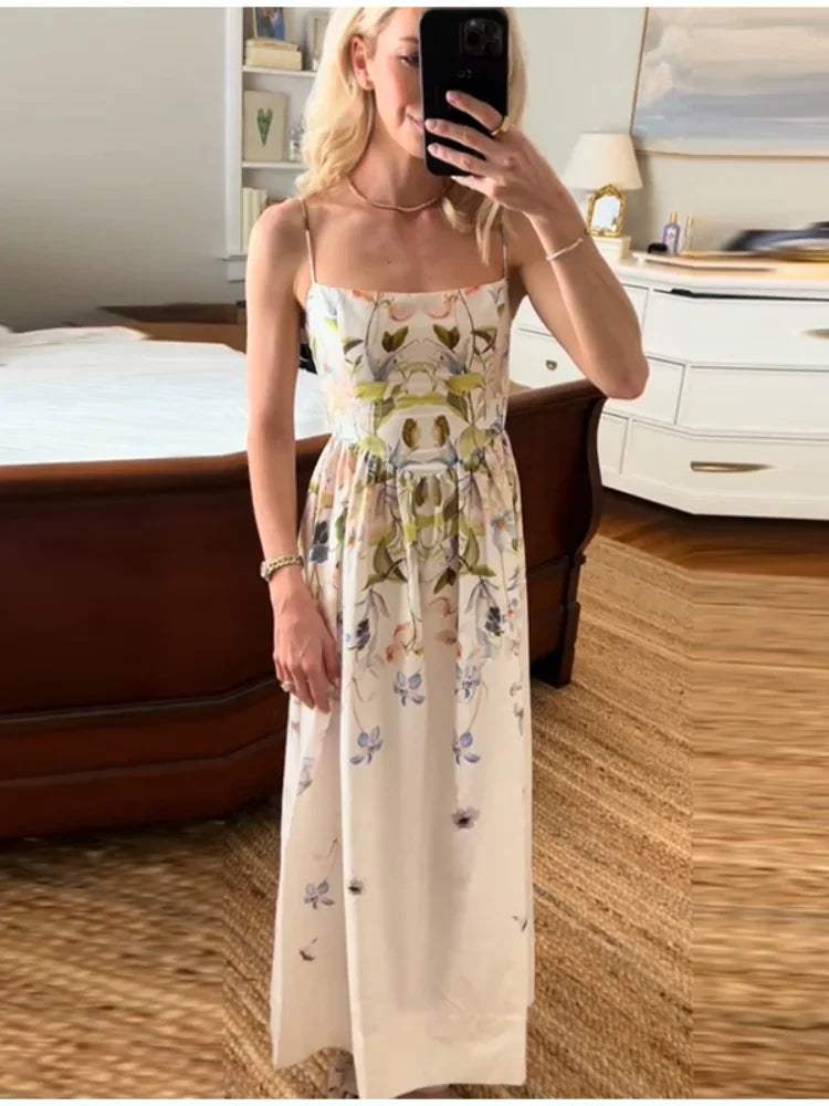 Aiertu  -  Elegant Printed Camisole Women's Long Dress V-neck A-line Slim Robe 2026 Summer Beach Vacation Style Female's Long Dresses Aiertu