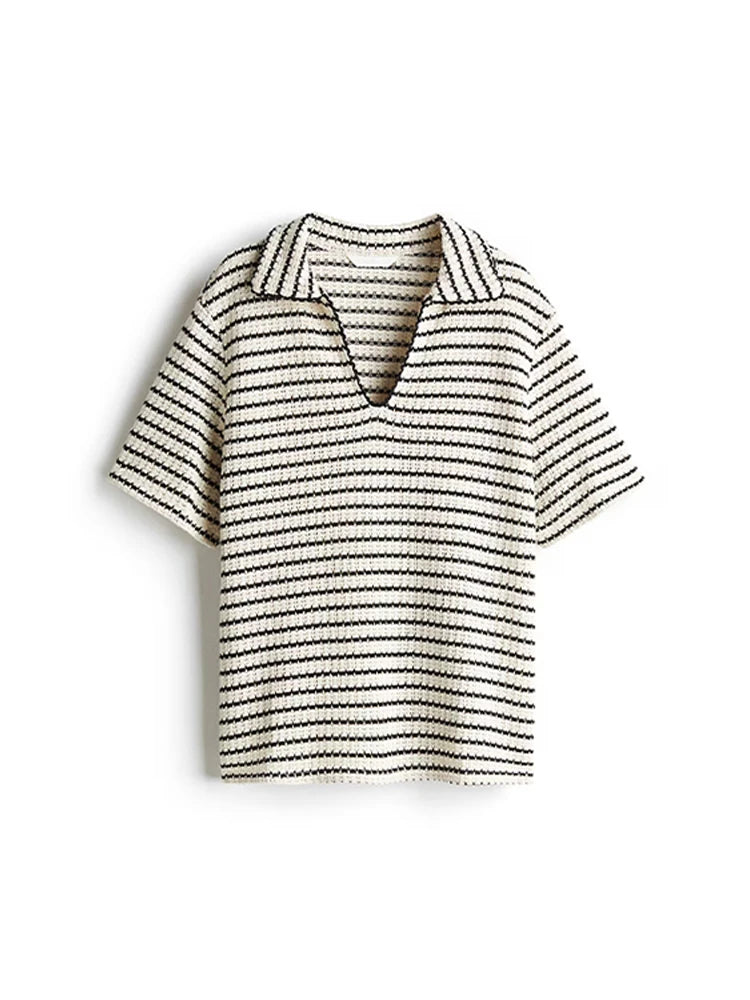 Aiertu  -  Striped Knitted Pullover Pants Sets Women Polo Collar Short Sleeve Tops Straight Trousers Suits Commute Summer 2026 Loose Outfit Aiertu