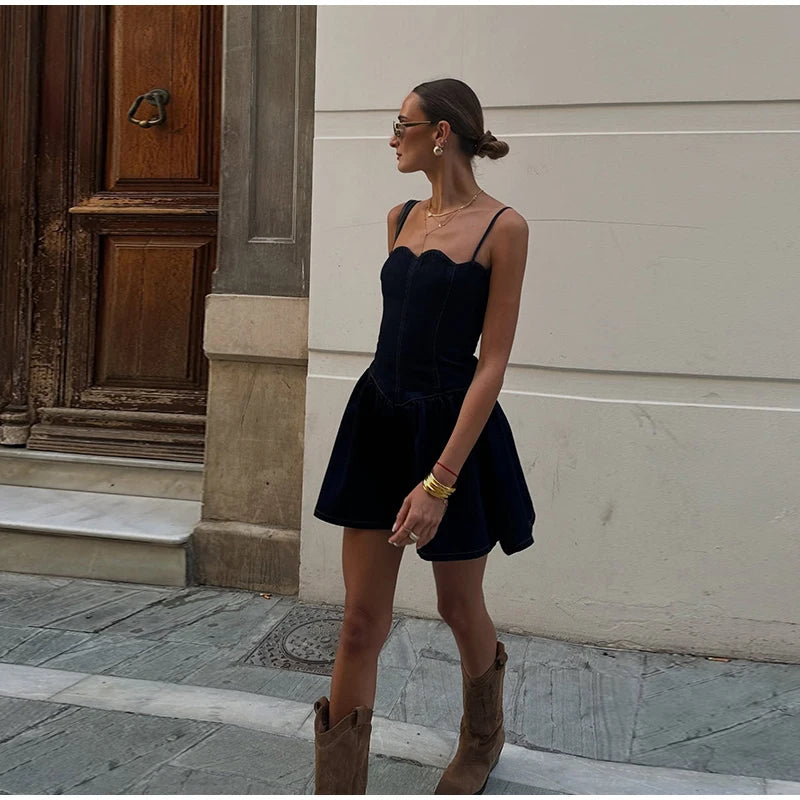 Aiertu  -  Chic Sling Lace Strapless Denim Women's Mini Dress Backless Waist Pleated A-line Dresses 2026 Summer Casual Vacation Ladies Robe Aiertu