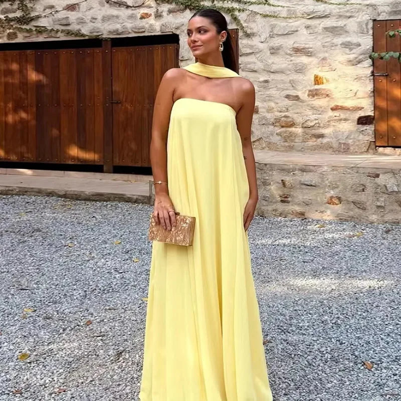 Aiertu  -  Elegant Off Shoulder Maxi Dresses For Women Chic Loose Yellow Sleeveless Scarf Collar Female Robes Pleated Party Lady Vestidos Aiertu