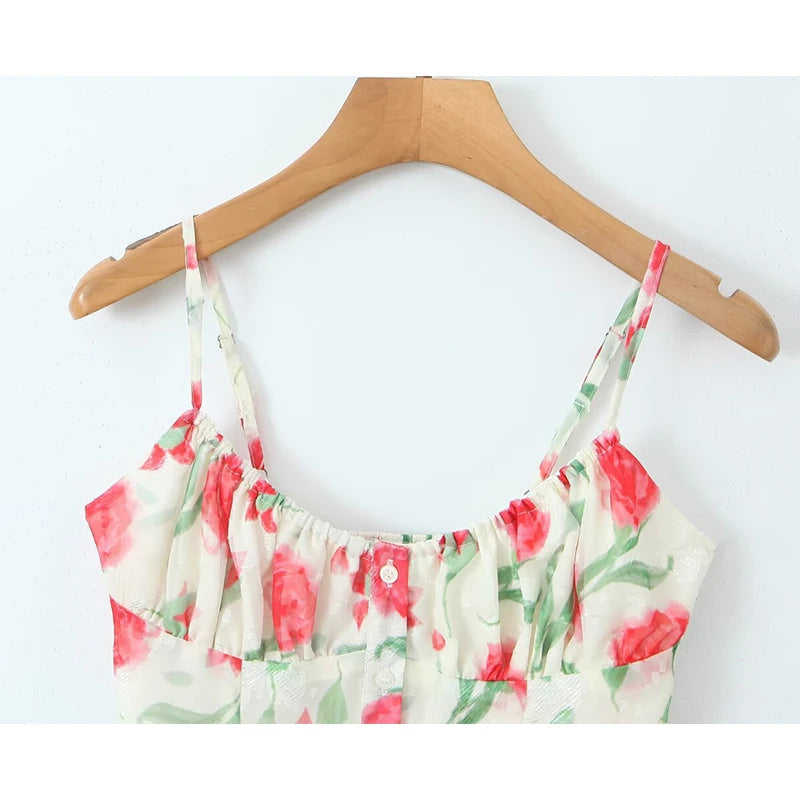 Aiertu  -  New Women Sexy Thin Straps O Neck Hem Ruffle Floral Print Camis Summer Holiday Crop Top ropa de mujer Aiertu