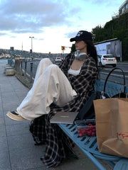 Aiertu  Tall Girl Checkered Oversize Coat Women Cotton Long Sleeves Casual Single-breasted Tartan Shirt Jacket Vintage Clothes Aiertu