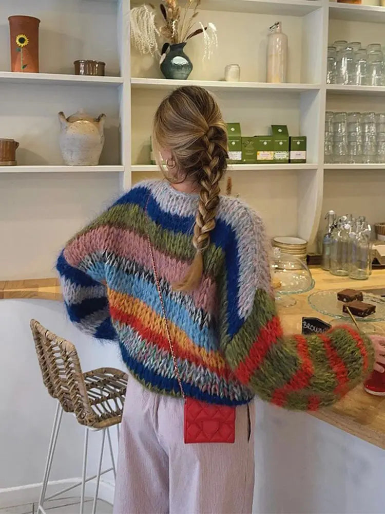 Aiertu  -  Casual Knitted Colorful Stripes Sweater Women Fashion O Neck Puff Long Sleeves Short Pullover Autumn Lady High Street Jumper Aiertu