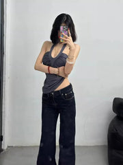 Aiertu  -  Y2k Aesthetic Sexy Women Halter Tank Tops Streetwear Vintage Pleated Grunge Tanks Backless Harajuku Summer Cropped Camisole Aiertu