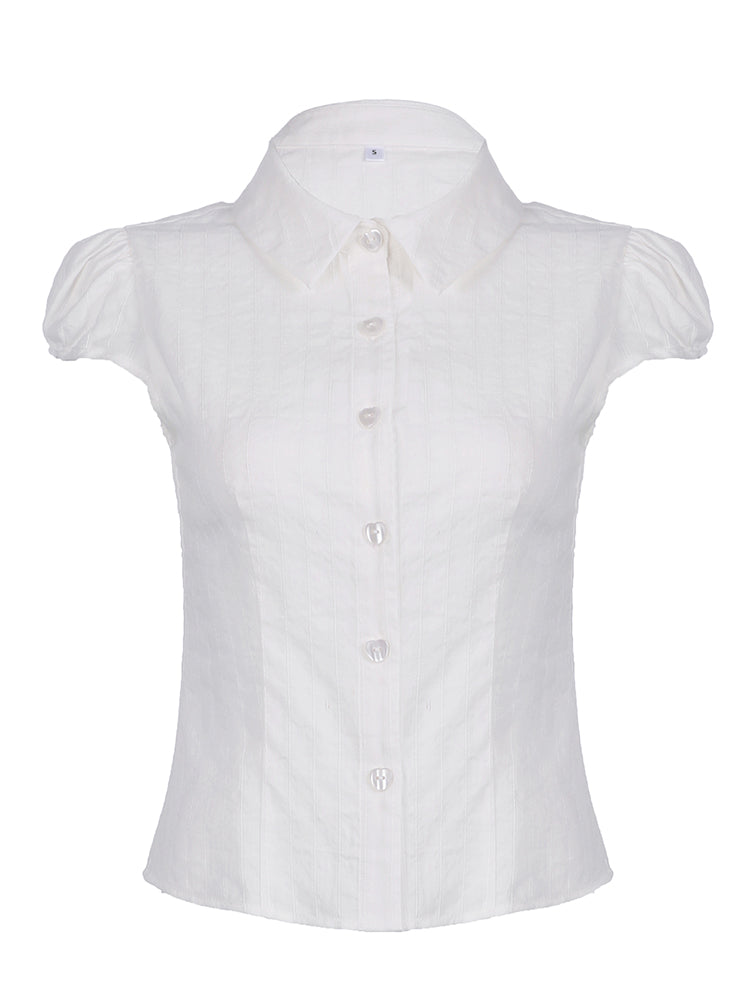 Aiertu - summer inspo Hot White Solid Single Breasted Turn Down Collar Casual Shirts Women Simple Puff Sleeve Japanese Y2K Preppy Summer Tops Aiertu