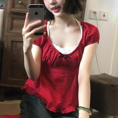 Aiertu  -  Chiffon Sweet Cute Bow Drawstring Ropa Mujer Print Slim Spice Girls Polka Dot Fungus Tops Unique Literary Exquisite Shirt Aiertu
