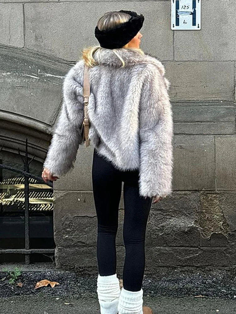 PICSGIRL  -  Elegant Solid Faux Fur Women Coat Full Sleeve Loose Lapel Lady Jacket Fashion Autumn Winter Warm Thicken Female Outwear Aiertu