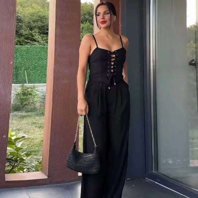 Aiertu  -  Strap Camisole Vest High Waist Pants Women Suit Sexy Hollow Top Straight Tube Loose trousers 2026 Summer Vacation Casual Set Aiertu