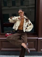 Aiertu  Women Fashion Faux Fur Printed Front Zipper Jackets Vintage Lapel Neck Long Sleeves Female Chic Lady Outfits Aiertu