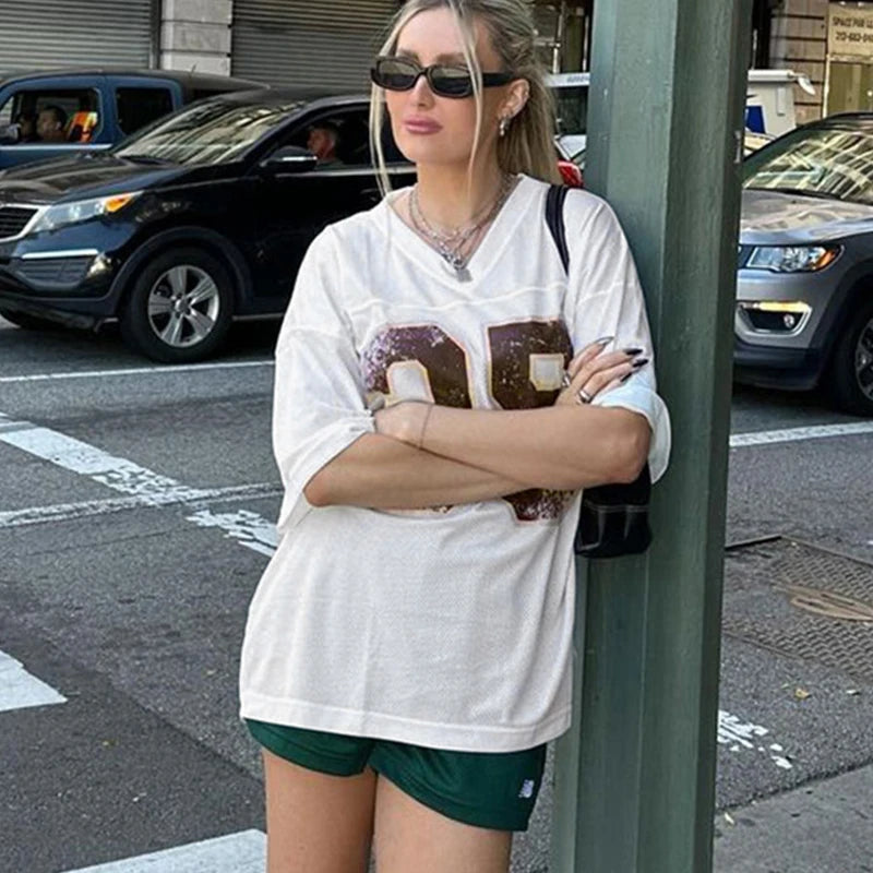 Aiertu  -  Summer Digital Print Contrasting Color V-neck Hollow Sports Pullover T-shirt Loose Large Size Casual Fashion Top Female Aiertu