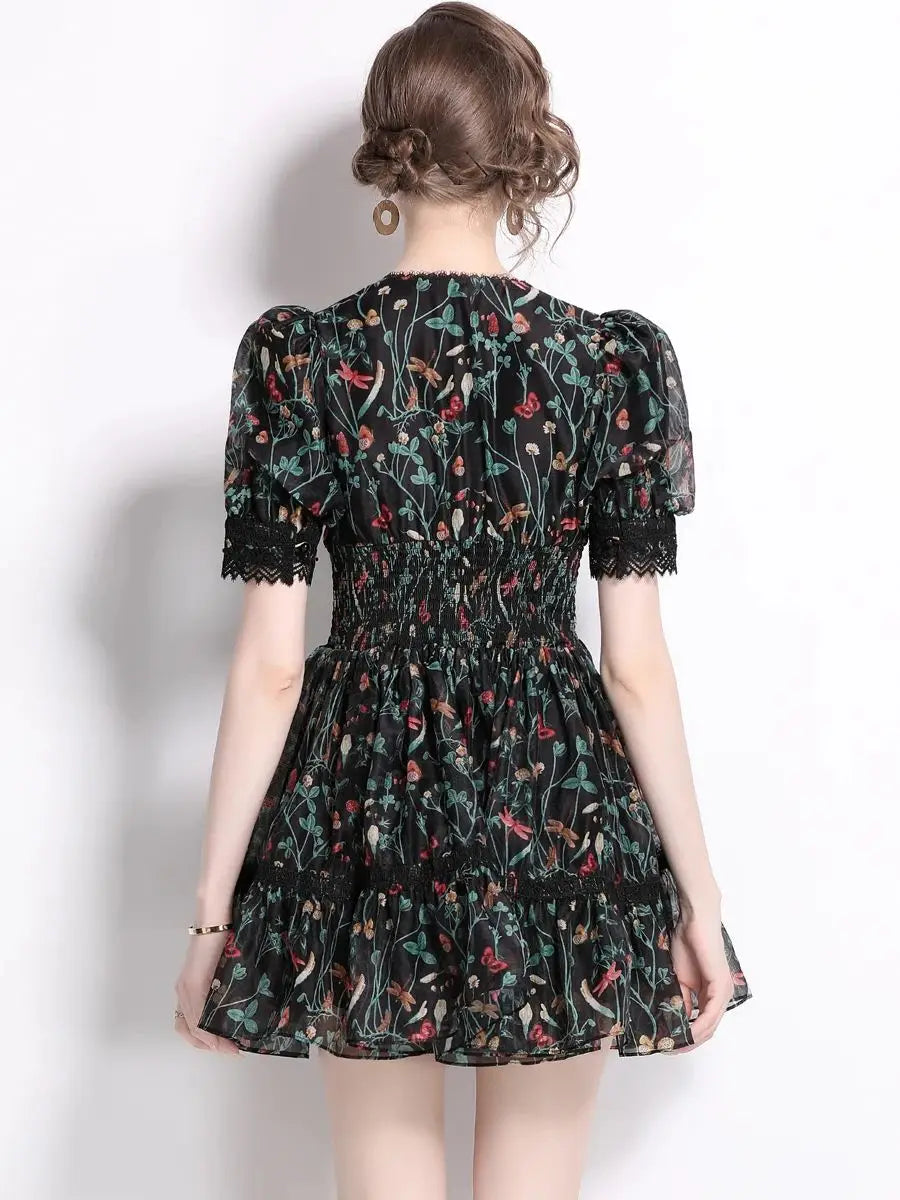 Aiertu  -  Summer Y2K Lace Trims Splice Flower Princess Short Dresses Women's Puff Sleeve V Neck Elastic Waist French Elegant Party Vestido Aiertu