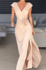 Aiertu  -  Sexy Slit Ruched Flower Shape V Neck Evening Dresses Aiertu