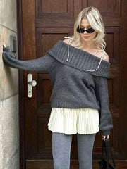 Aiertu  -   Slash Neck Dark Grey Mohair Women Sweater Pullover Femme Casual Loose Trendy Style Autumn Winter Knitted Pullover Aiertu