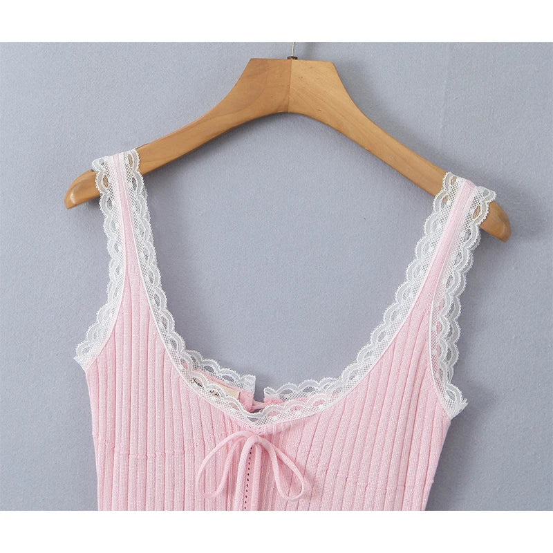 Aiertu  -  High Street Women Lace Trim  Knit Sling Sexy Dress O Neck Sleeveless Hem Slit Bodycon Mini Dresses Holiday Summer Robe Pink Aiertu