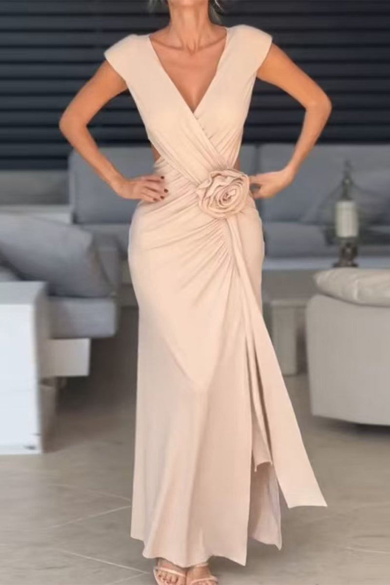 Aiertu  -  Sexy Slit Ruched Flower Shape V Neck Evening Dresses Aiertu