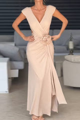 Aiertu  -  Sexy Slit Ruched Flower Shape V Neck Evening Dresses Aiertu