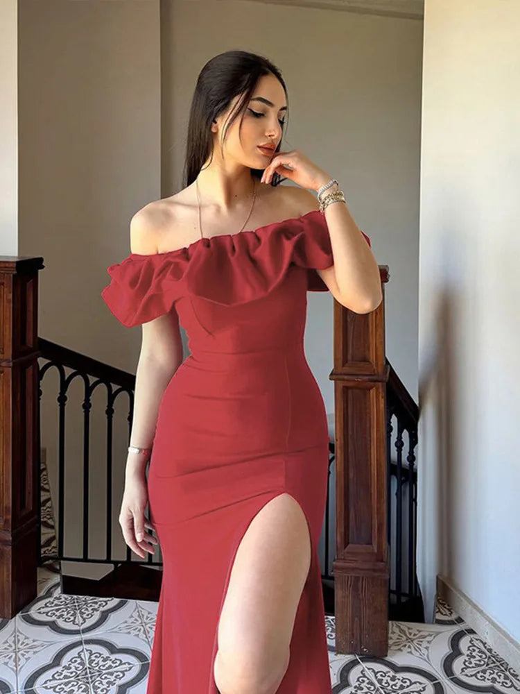 Aiertu  -  layered look inspo Off Shoulder Solid Women Dress Sleeveless Backless Split Lady Dresses Fashion Wave Cut Evening Party Female Maxi Vestidos Aiertu