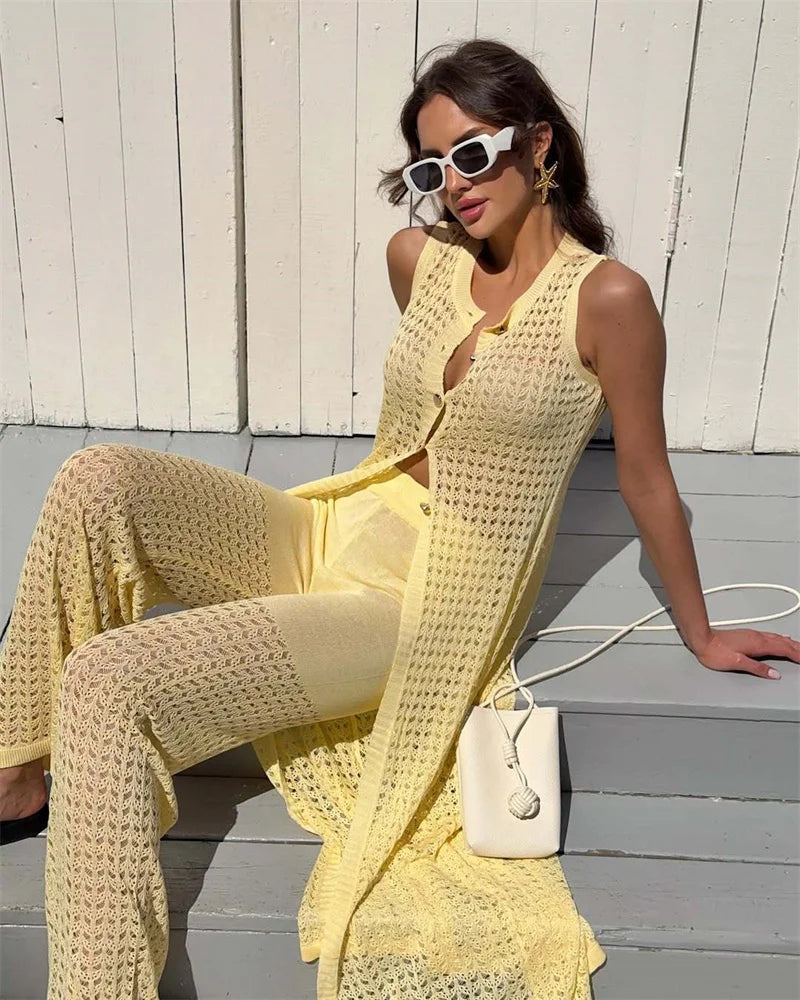 Aiertu  -  Knit Vest Cardigan Beach Dress Long Pants 2 Pieces Sets For Women Hollow Out Sexy See Through Cardigan Long Pants Sets Aiertu