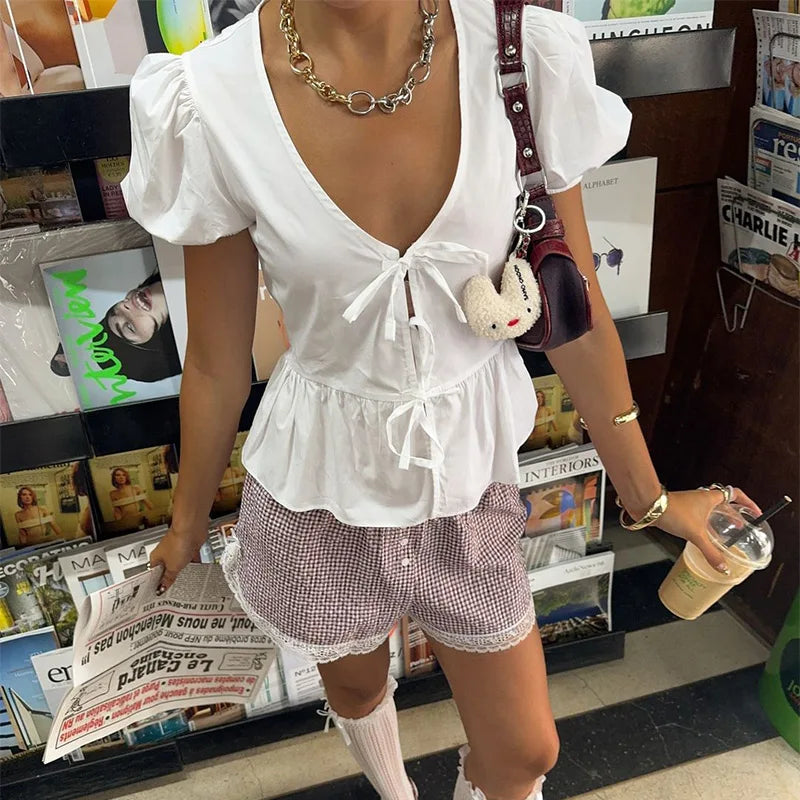 Aiertu  -  Elegant White V-neck Lace Up Shirt Women Retro Puffy Short Sleeve Waist-cinching Shirts Female 2025 Spring Chic Street Lady Tops Aiertu