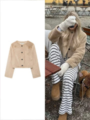 Aiertu  -  Women's Fashion Brown Faux Fur Lapel Jacket Thickened Warm Button Long Sleeve Coat Autumn and Winter Plush High Street Coat Aiertu