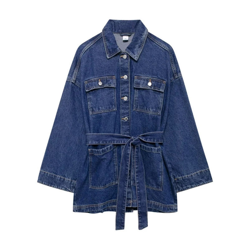 Aiertu  -  Fashion Women's Denim Jackets With Belt Casual Lapel Single-breasted Pockets Washed Jacket 2025 Spring Lady Y2k Street Outwear Aiertu