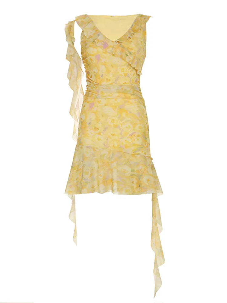 Aiertu  -  Elegant Sleeveless Printed Ruffle Women Two Piece Dress Sweet Flower Irregular V-neck Splicing Mesh Beach Holiday Set Aiertu