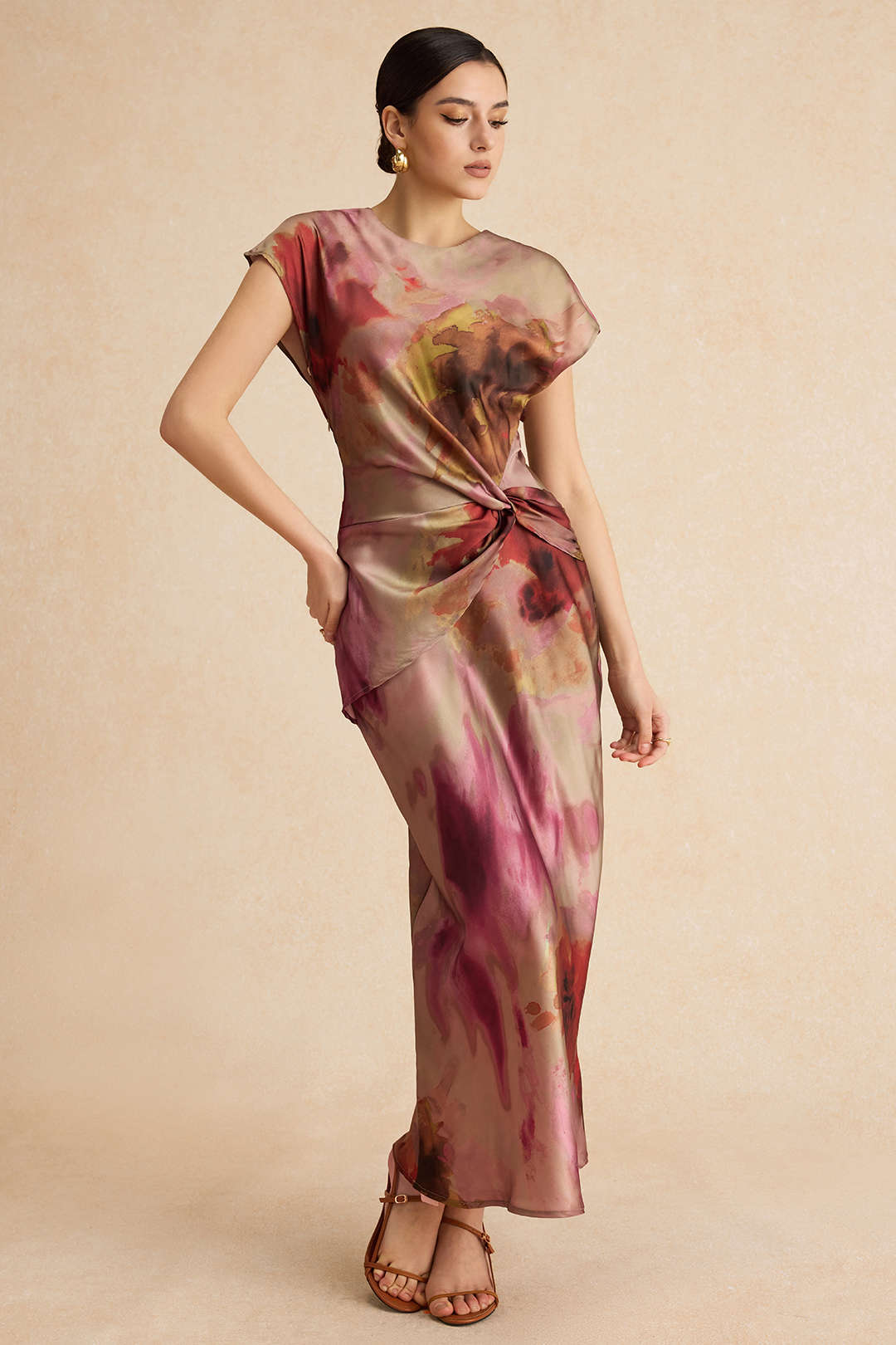 Aiertu  Tie Dye Ruched Cut Out Button Twist Knot Midi Dress Aiertu