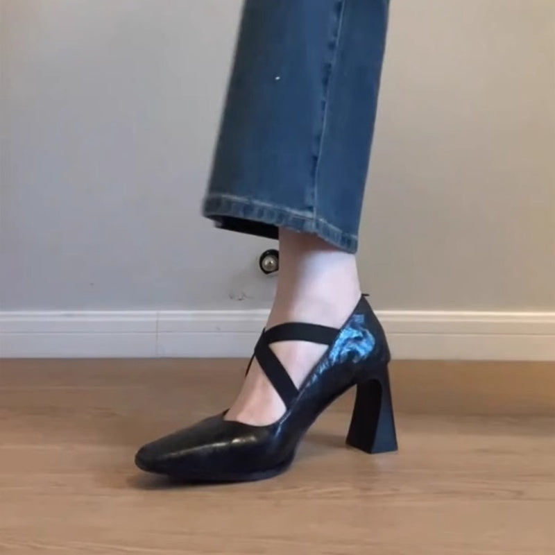 Aiertu  Shoes Sexy Heels Sandals Ladies Square Toe Genuine Leather Retro Pumps Slip On Shallow Mouth Mary Jane Crossdressers Sheepskin A Aiertu
