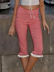 Aiertu  -  Women s Plaid Capri Pants with Lace Ruffles and Stretchy Cropped Leggings for Summer Casual Wear Aiertu