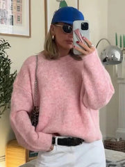 Aiertu  -  Elegant Knit Solid Women Pullover Loose Full Sleeve O Neck Female Sweater 2024 Autumn Fashion Pink All Match Lady Knitwear Aiertu
