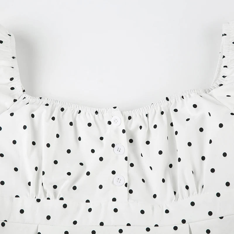 Aiertu  -  Simple Polka Dot Print Square Neck Women T-Shirts Slim Fit Ruffles Fashion Sweet Casual Design Blouses Aiertu