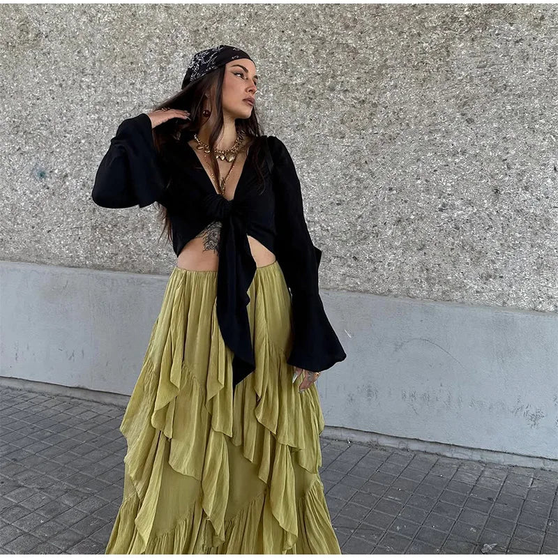 Aiertu  -  Irregular Multi-layer Ruffles Skirt Women Ribbon Pleated Elegant High Waist A-line Skirts 2025 Summer New Street Fold Lady Robe Aiertu