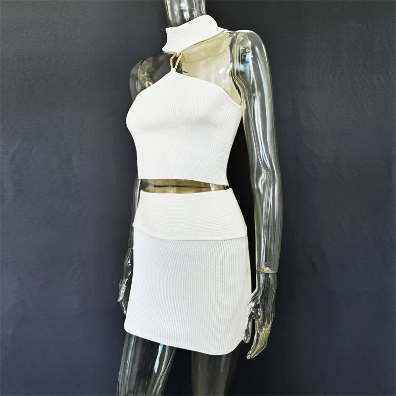 Aiertu  -  Fashion Knit Skirt Matching Set Two Piece Sets Women Halter Off-shoulder Tank Top And Mini Skirt Female Sexy Dress Set Aiertu
