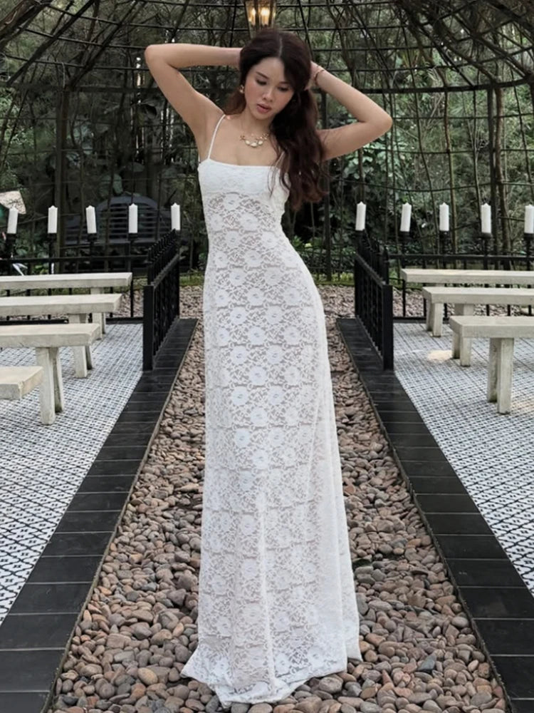 Aiertu  -  Elegant See Through Dress Women Backless Sleeveless Cross Lace-Up Spaghetti Strap Sexy Flower Motif Midnight Vestidos Aiertu