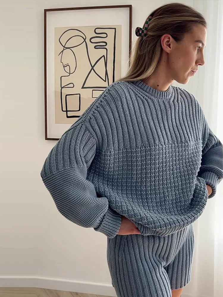 Aiertu  -  Knitted Solid Women Sweater Sets Crochet O Neck Full Sleeves Lady Pullover Set 2024 Autumn Casual Fashion Wide Leg Shorts Suit Aiertu