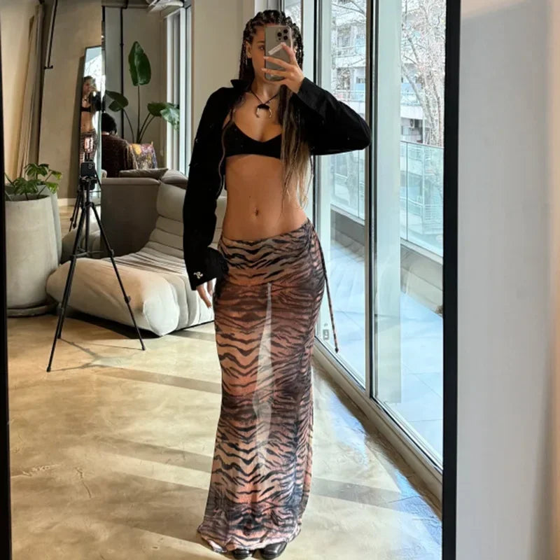 Aiertu       -  Mesh Stitching Leopard Sexy See-Through Long Skirt Female Animal Print Slim High Waist Skirts Hot Girl Fashion Streetwear Aiertu