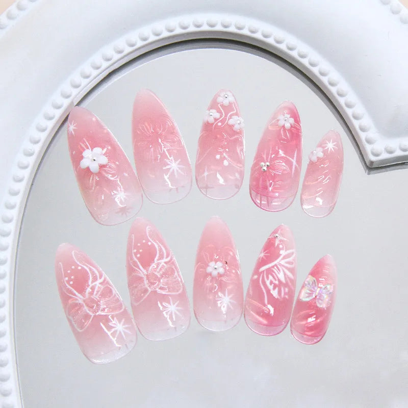Aiertu  -  24PCS Sweet Pink Blush Wearable Press on Nail 3D Flowers Butterfly Decorations Fake Nail for Loving Girls Almond False Nail Tips Aiertu