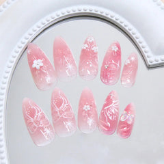 Aiertu  -  24PCS Sweet Pink Blush Wearable Press on Nail 3D Flowers Butterfly Decorations Fake Nail for Loving Girls Almond False Nail Tips Aiertu