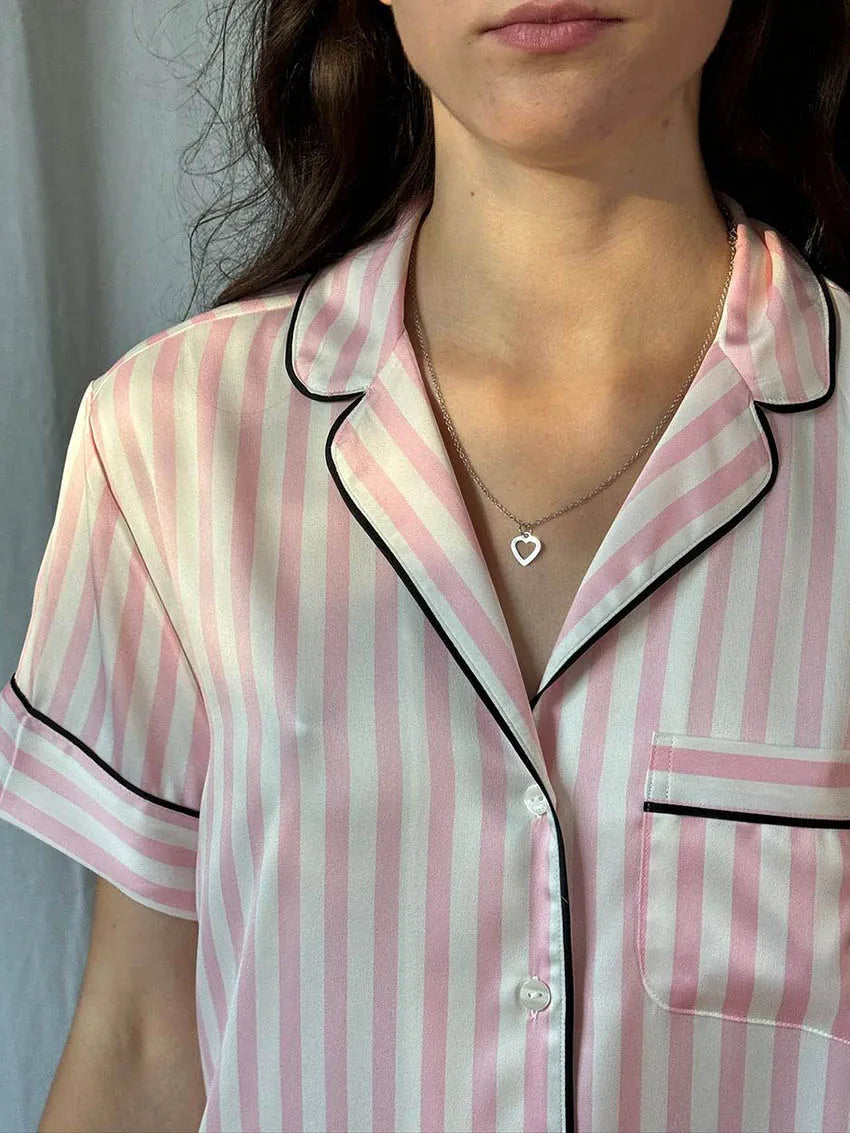 Aiertu  Causal Loose Ladies Pajamas Set Turn-Down Collar Sleepwear Short Sleeve Nightgowns Shorts Loose Pink Nightwear Suits Aiertu