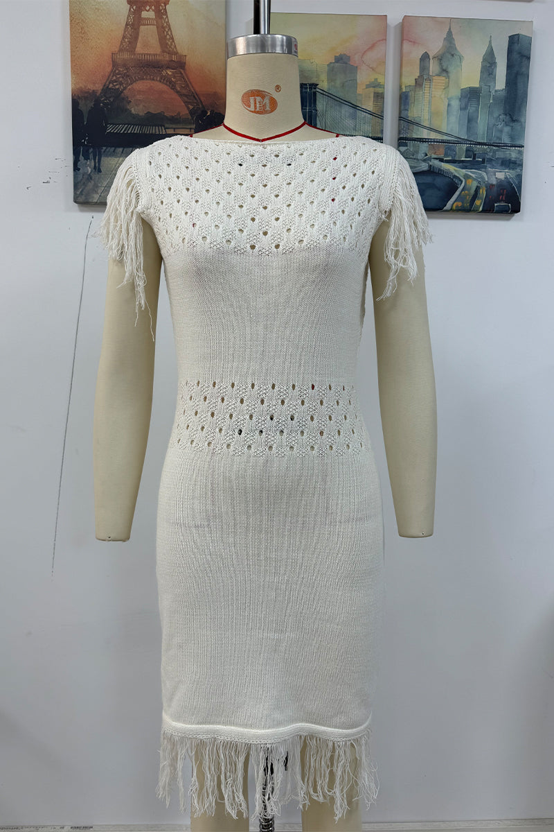 Aiertu  Casual Hollow Out Tassel O Neck Sweater Dress Dresses Aiertu