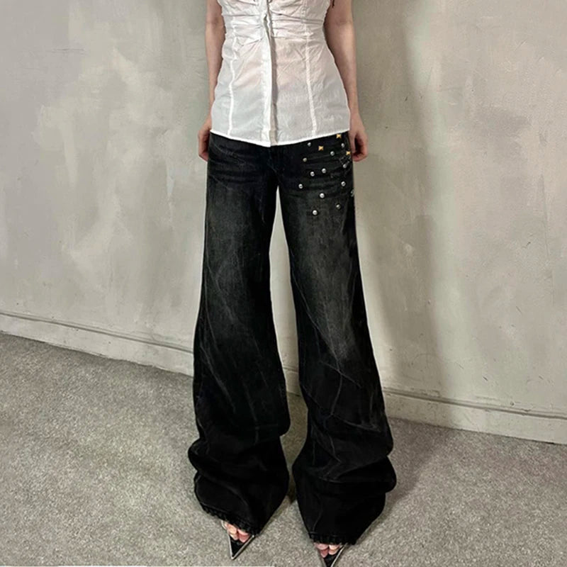 Aiertu  -  Grunge Aesthetic Flare Jeans Rivet Detail Y2K Fashion Retro Loose Fit Denim Pants High Street Punk Trousers Spring Aiertu