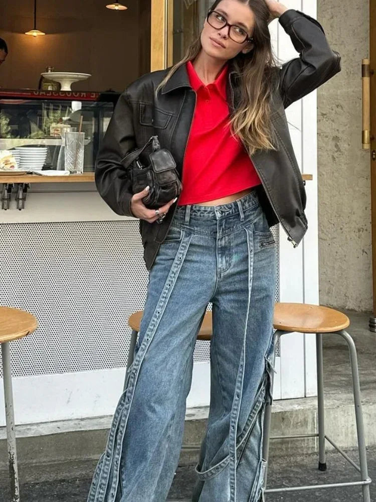 Aiertu  -  Women Chic Lapel Loose Leather Jacket Fashion Solid Button Zipper Pockets Short Coat 2026 Autumn Lady Chic High Street Outerwear Aiertu