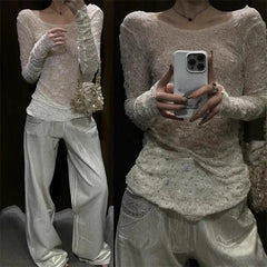 Aiertu  -  Y2k Aesthetic Sexy U Neck Backless Women Shirt 2025 White Diamond Streetwear Vintage Blouse Harajuku Fairy Bodycon Grunge Blusas Aiertu